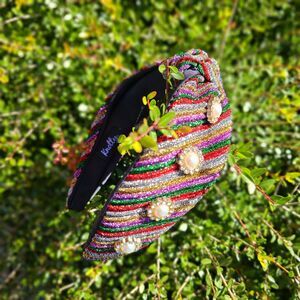 Knotty Headband Metallic Stripes With Rhinestone Pearl Jeweled Embellished